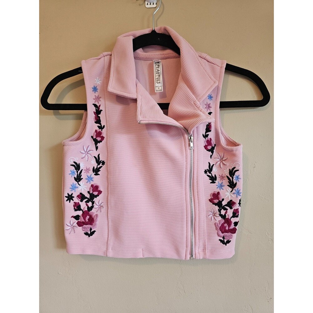 Beautees Girls Zip Up Sleeveless embroidered Vest-Pink-Size 12